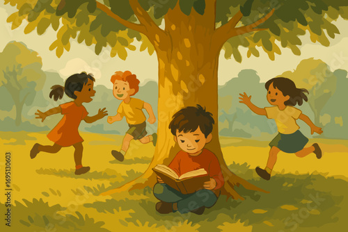 Reading Amid Play. Illustrated quiet scene of child reading book under tree while others play tag around golden trunks.