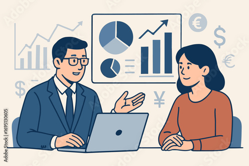 Financial Consultation Scene. Vector illustration of financial advisor consulting client over laptop with investment portfolio,