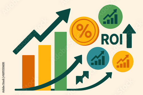 Digital Asset Growth. Commercial vector of digital asset growth — bar charts, ROI percentage, diversified stocks and upward arrows