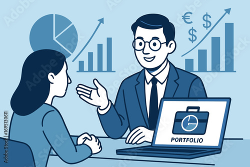 Financial Consultation Scene. Vector illustration of financial advisor consulting client over laptop with investment portfolio,