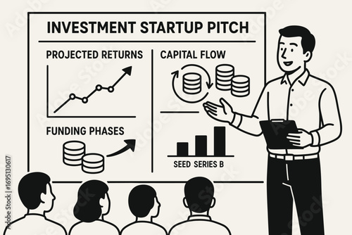 Startup Investment Pitch. Vector layout of investment startup pitch — presenter showing projected returns, capital flow and