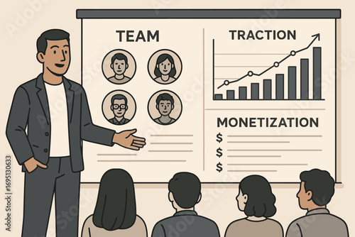 Venture Pitch Presentation. Illustrated venture pitch scenario showing team slide, traction graphs, and monetization strategy