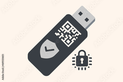 Secure USB Cold Wallet. Flat vector of cold wallet device, USB style, with shield icon, QR code and hardware encryption visuals.