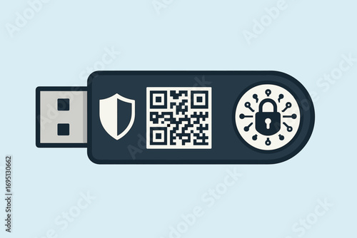 Secure USB Cold Wallet. Flat vector of cold wallet device, USB style, with shield icon, QR code and hardware encryption visuals.