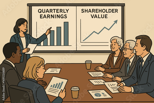 Boardroom Earnings Review. Illustrated boardroom scene with directors reviewing quarterly earnings call slides and shareholder
