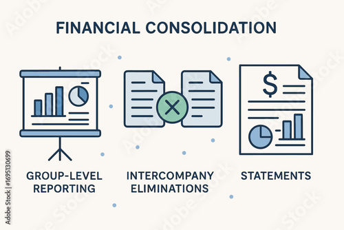 Financial Consolidation Overview. Illustrated overview of financial consolidation — group-level reporting, intercompany