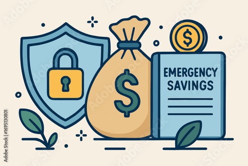 Secure Financial Planning. Illustrated scene of secure financial planning — shield, lock icon, money bag, and emergency savings