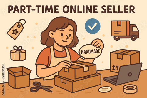 Handmade Goods Packaging. Cartoon-style banner of part-time online seller packaging handmade goods with labels and shipping icons.