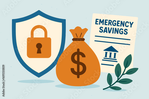 Secure Financial Planning. Illustrated scene of secure financial planning — shield, lock icon, money bag, and emergency savings