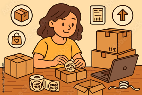 Handmade Goods Packaging. Cartoon-style banner of part-time online seller packaging handmade goods with labels and shipping icons.