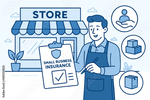 Insurance for Small Business. Vector scene of business owner securing small business insurance — storefront, liability, inventory