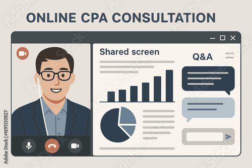 Online CPA Consultation. Modern banner of online CPA consultation — video call interface, shared screen, and real-time Q&A.