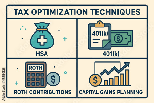 Tax Optimization Techniques. Vector art of tax optimization techniques — HSA, 401(k), Roth contributions, and capital gains