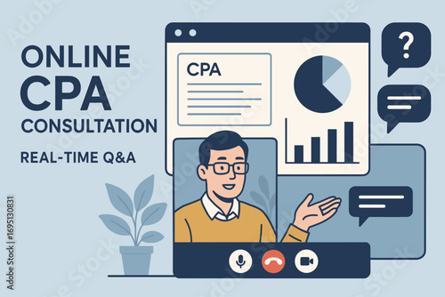 Online CPA Consultation. Modern banner of online CPA consultation — video call interface, shared screen, and real-time Q&A.