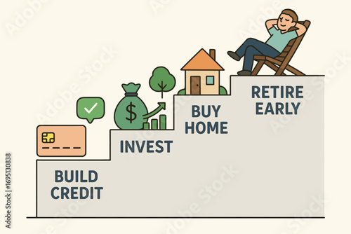 Financial Success Steps. Illustrated staircase of financial achievements — build credit, emergency fund, invest, buy home, retire