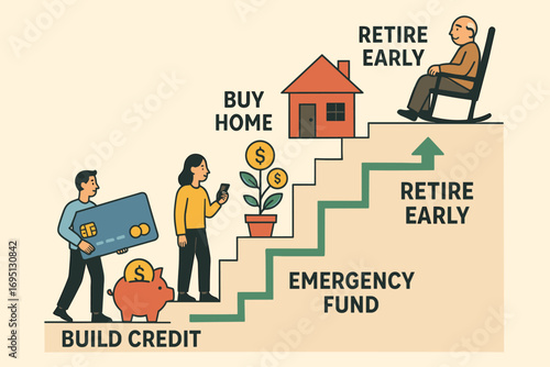 Financial Success Steps. Illustrated staircase of financial achievements — build credit, emergency fund, invest, buy home, retire