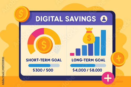 Colorful Savings Dashboard. Vector composition of digital savings dashboard showing short-term and long-term goal progress with