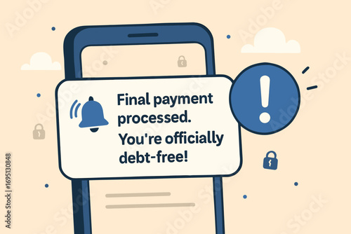 Debt-Free Notification. Vector scene of mobile notification alert: “Final payment processed. You’re officially debt-free!”