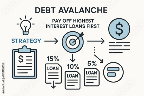 Debt Avalanche Chart. Vector layout of “debt avalanche” method chart — paying off highest interest loans first with strategy icons