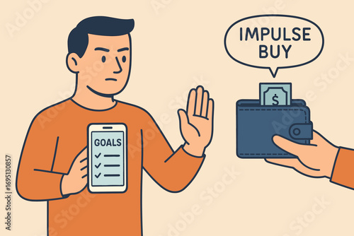 Disciplined Shopping Choices. Vector illustration of disciplined person refusing impulse buy with wallet closed and goals reminder