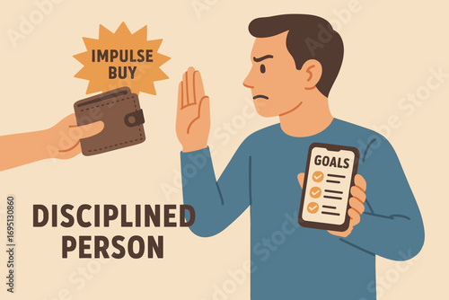Disciplined Shopping Choices. Vector illustration of disciplined person refusing impulse buy with wallet closed and goals reminder