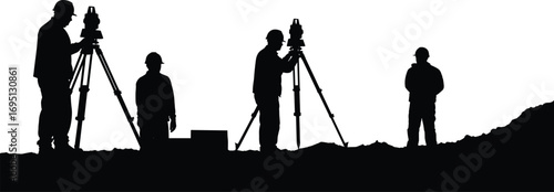Group of construction surveyors with theodolite, land surveying equipment, workers wearing helmets, civil engineering site, outdoor measurement and teamwork