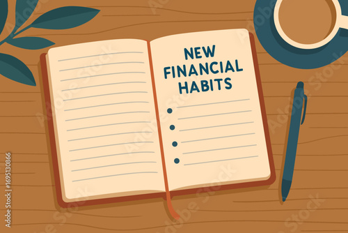 Financial Habits Journal. Vector composition of goal-setting journal opened to page titled “New Financial Habits.”