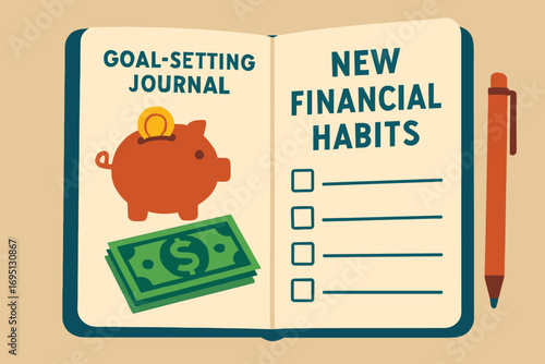 Financial Habits Journal. Vector composition of goal-setting journal opened to page titled “New Financial Habits.”