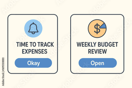 Finance Habit Alerts. Vector layout of digital alerts for recurring finance habits — “time to track expenses,” “weekly budget
