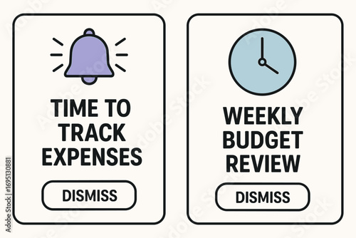 Finance Habit Alerts. Vector layout of digital alerts for recurring finance habits — “time to track expenses,” “weekly budget
