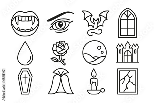 Vampire Icon Set. Line style icons of vampire anime: fangs reveal, crimson eye, bat swirl, gothic window; blood drop, rose with