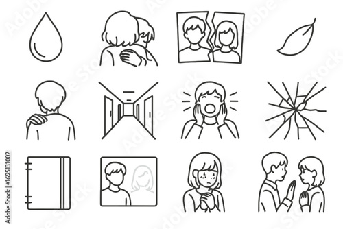 Drama Anime Icons. Line style icons of drama anime: tear drop, slow hug, broken photo, falling petal; hand on shoulder, empty