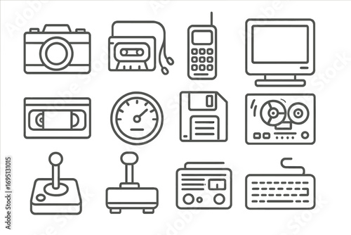 Vintage Tech Icons. Line style icons of vintage tech collectibles: old camera, cassette player, early mobile phone, retro computer