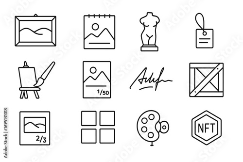 Art Collectibles Icons. Line style icons of art collectibles: framed painting, sketchbook page, sculpture on stand, gallery tag;