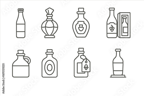 Line Style Bottle Icons. Line style icons of bottle collectibles: vintage soda bottle, perfume bottle, potion-shaped flask,