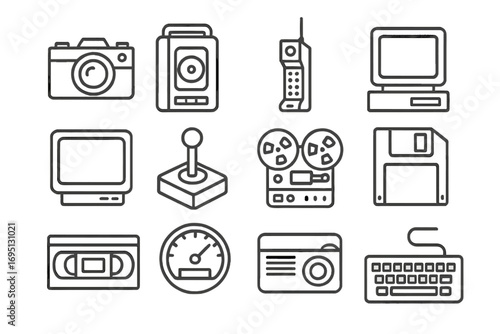 Vintage Tech Icons. Line style icons of vintage tech collectibles: old camera, cassette player, early mobile phone, retro computer