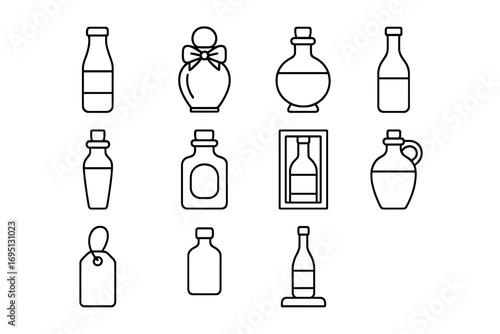 Line Style Bottle Icons. Line style icons of bottle collectibles: vintage soda bottle, perfume bottle, potion-shaped flask,