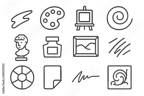 Artistic Line Style Icons. Line style icons of art-themed stamps: brush stroke, painter palette, easel frame, abstract swirl;