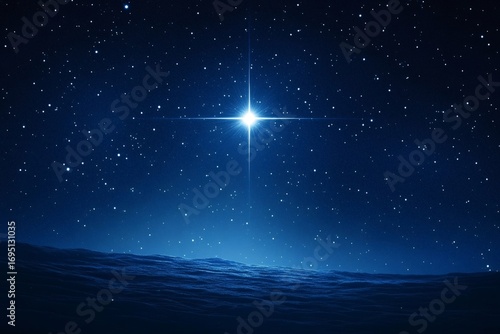 Bright north star shining brilliantly over a vast, empty snowy landscape, casting a serene glow across the tranquil night sky