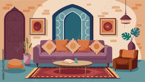 A luxurious sitting room with a plush velvet sofa a Moroccanstyle rug and a mix of textured throw pillows. The coffee table is a unique piece made from an antique door and the
