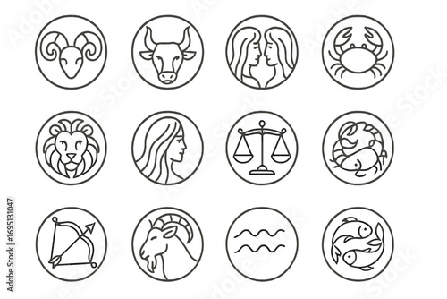 Zodiac Icon Stamps. Line style icons of zodiac stamps: Aries horn, Taurus bull, Gemini twins, Cancer crab; Leo mane, Virgo figure,