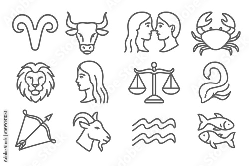 Zodiac Icon Stamps. Line style icons of zodiac stamps: Aries horn, Taurus bull, Gemini twins, Cancer crab; Leo mane, Virgo figure,