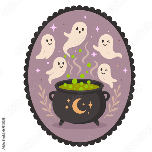 Halloween decorative frame with cute ghosts and magic cauldron. Kawaii spooky wreath for cards, posters, invitations, stickers and seasonal design