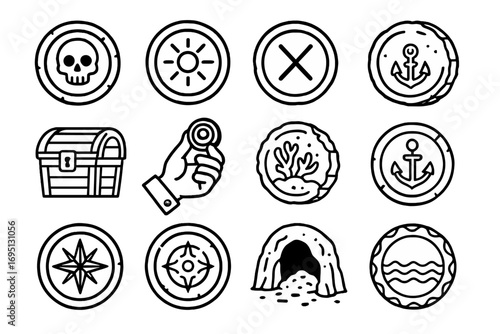 Pirate Treasure Icons. Line style icons of pirate treasure coins: skull-etched coin, golden doubloon, X-map marker, sea-worn