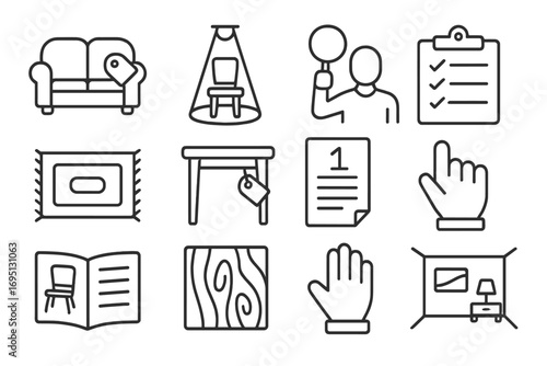 Furniture Auction Icons. Line style icons of furniture auctions: sofa with sticker, chair in spotlight, bidder with paddle,