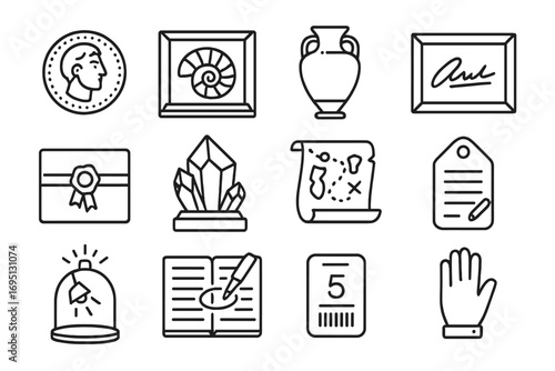 Rare Object Auction Icons. Line style icons of rare object auctions: ancient coin, fossil in case, museum artifact, framed