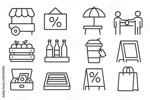 Street Vendor Icons. Line style icons of street vendor deals: portable stall, discount sign, umbrella setup, vendor handoff; fruit