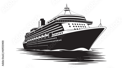 Black and White Illustration of a Modern Cruise Ship Sailing on the Water