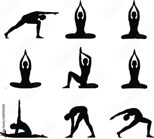 Yoga poses silhouette set, meditation, stretching, flexibility, wellness, exercise, calm mind, relaxation, fitness, healthy lifestyle, balance, peaceful yoga, flat vector illustration