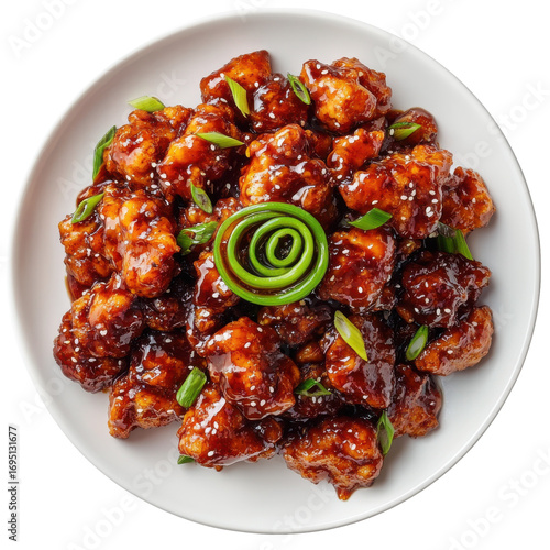 Crispy Honey Sesame Chicken Bites with Green Onions on a White Plate on transparent background